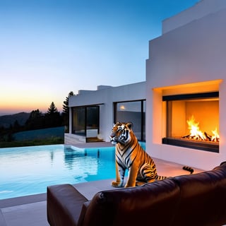 Inside a lavish white villa, a majestic tamed tiger sits comfortably beside the fireplace, surrounded by plush leather seating and floor-to-ceiling glass windows that frame the breathtaking outdoor scenery. The swimming pool glimmers invitingly beyond the wide glass expanse, while the tiger's regal presence is illuminated by the warm glow of the crackling flames.
