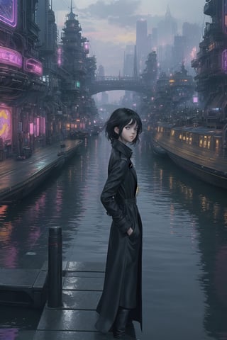 Inside a futuristic metropolis, a petite Asian girl, donning a sleek black trench coat, stands at the edge of a bustling harbor. The cityscape's intricate details and vibrant neon lights reflect off the water's surface as boats glide by. The character's curious gaze is fixed on the distant horizon, her dark hair styled in a messy bob, as she navigates this futuristic world.