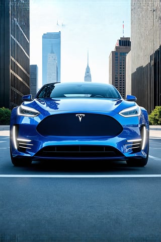 In this stunning, ultra-detailed realism, a futuristic Tesla car with an otherworldly skull design dominates the frame. Modified to perfection, the vehicle gleams in high definition, set against the backdrop of a sprawling metropolis. Towering skyscrapers pierce the sky, their sleek surfaces reflecting the vibrant hues of the city's modern infrastructure. The air is electric with cutting-edge technology as the car's sleek lines seem to pulse with energy, its chrome accents glinting like diamonds in the bright urban landscape.