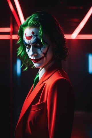 A conceptual Joker Lady stands confidently in a darkened room, illuminated by neon lights that cast a voluminous glow. Framed with an iPhone X and telephoto lens, the subject's white European features are highlighted, her detailed face radiating luminosity. Her eyes burn bright red, like embers, as she wears a striking red suit, evoking a sense of mischief and mayhem.