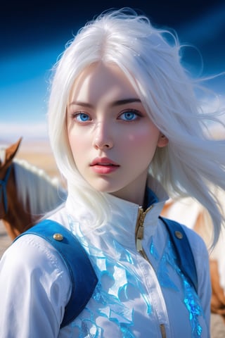 beautiful, young woman, in the crystal and ice area, fluttering snow, horse riding, a white hourse, gradient hair, white hair, blue hair, long hair, eye reflection, disdain, ray tracing, reflection light, blurry, glowing light, depth of field, chiaroscuro, stereogram, zoom layer, cowboy shot, f/2.8, bokeh, masterpiece, best quality, high quality, HD,High detailed ,fantasy_princess,fantasy,Monster