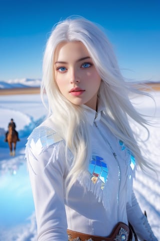 beautiful, young woman, in the crystal and ice area, fluttering snow, horse riding, a white hourse, gradient hair, white hair, blue hair, long hair, eye reflection, disdain, ray tracing, reflection light, blurry, glowing light, depth of field, chiaroscuro, stereogram, zoom layer, cowboy shot, f/2.8, bokeh, masterpiece, best quality, high quality, HD,High detailed ,fantasy_princess,fantasy,Monster