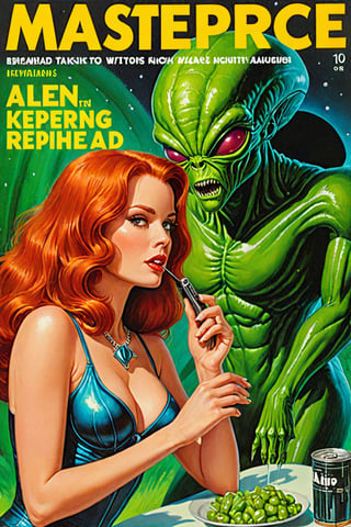 (8k,highres,masterpiece:1.2),vibrant pulp magazine cover, aliens experimenting with a beatifull redhead