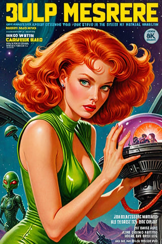 (best quality,8k,highres,masterpiece:1.2),vibrant pulp magazine cover, aliens experimenting with a beautiful redhead, vibrant colors, retro sci-fi style, dramatic lighting