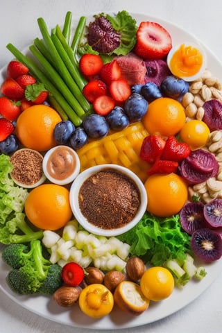 Capture the essence of the Kido diet in a single image. Showcase a colorful array of nutrient-rich ingredients artfully arranged on a plate, enticingly highlighting the diet's emphasis on wholesome fruits, vegetables, and lean proteins.