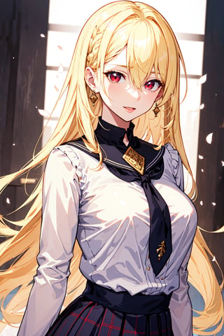(masterpiece, best quality), (finely detailed beautiful eyes), (detailed background, fantasy), (beautiful detailed face), high contrast, (best illumination, an extremely delicate and beautiful), colorful, hyper detail, dramatic light, full_body, (1girl, solo,blonde hair, sharp face, red eyes, hair between eyes), white blouse, schoolgirl, school_uniform, plaid_skirt, happy, royal girl, girlfriend ,1 girl,multiple girls, harem