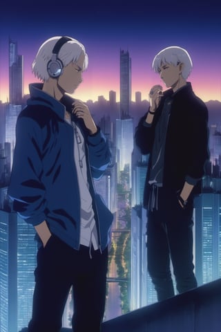 no background, a man with headphones standing in front of a city, anime character art, diamond skin, cute emo guy, night city in the background, white haired deity, inspired by Cui Zizhong, yaoi, tech face, large ears, cute boy, wide neck, art for the game, nakolki, iridescent sky, hyperrealistic teen
