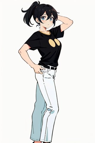 Not visible black outline, old women, flat color, golden shading inner side of outline, solid, brown boy, black t-shirt, white pant, thin black outline, no background, golden shading inner side of outline, details in eyes, I show speed, 2D style, cartoon, ,See "Girl List",flat color, big boobs, black hair with pony tail, 