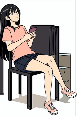 black long hair, no background,  no chair, white background, pink t shirt, 5 year old girl, phone in hand, shorts, black out line, 2D,,<lora:659111690174031528:1.0>