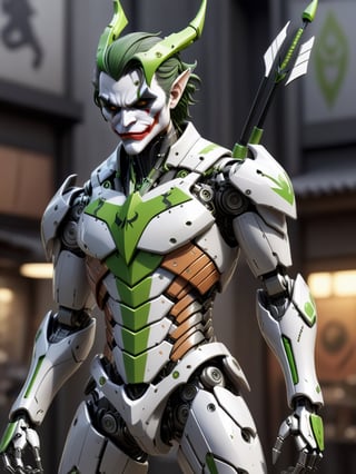 genji robot mix with the joker arrow mechinal details, intricate details, hd deetails, high quality, full body view, sharp details, sharp focus, 128k,visible mecehnical details,