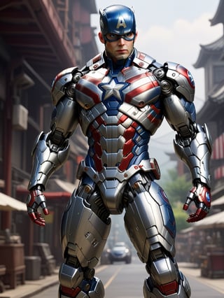 genji robot mix with Captain America mechinal details, intricate details, hd deetails, high quality, full body view, sharp details, sharp focus, 128k,visible mecehnical details,