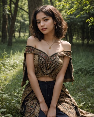 Generate a hyper-realistic image of a young girl from the northeastern region of South Asia. She has a dreamy and whimsical expression, with shoulder-length, curly hair adorned with vibrant, traditional beads. Her skin is a rich, deep bronze, and her eyes are soft and inviting, reflecting a sense of curiosity and wonder. She is dressed in a traditional tribal outfit, featuring a handwoven shawl and intricate beadwork jewelry. The background is an enchanting forest, with tall, ancient trees and a carpet of colorful wildflowers. Sunlight filters through the canopy, casting dappled light on her figure. The overall mood of the image is one of enchantment, nature, and cultural heritage, Enhance,1 girl