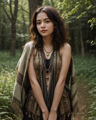 Generate a hyper-realistic image of a young girl from the northeastern region of South Asia. She has a dreamy and whimsical expression, with shoulder-length, curly hair adorned with vibrant, traditional beads. Her skin is a rich, deep bronze, and her eyes are soft and inviting, reflecting a sense of curiosity and wonder. She is dressed in a traditional tribal outfit, featuring a handwoven shawl and intricate beadwork jewelry. The background is an enchanting forest, with tall, ancient trees and a carpet of colorful wildflowers. Sunlight filters through the canopy, casting dappled light on her figure. The overall mood of the image is one of enchantment, nature, and cultural heritage, Enhance,1 girl