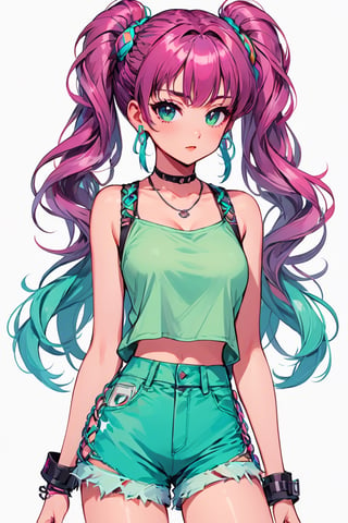 anime artwork comic pastel goth, anime style, medium breasts, slim athletic figure, punk bad girl, 1girl, full body, (:colorful costume design, :0.2:0.9524), official art, chinese, bombshell punk hair, magenta hair with sea green highlights, Messy Fishtail Braid, side braid, vivid azure lighting, pvc shorts, in a artificial club, bombshell hair, bright brown hair, side ponytail, Twist Out, own hands clasped, pastel colored clothes, . graphic illustration, comic art, graphic novel art, vibrant, highly detailed . anime style, key visual, vibrant, studio anime,  highly detailed