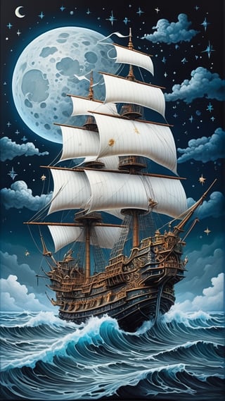 Best quality, high-res, full body portrait of a chibi greeble a pirate ship sails across moonlit seas, clouds, moon, stars, ghoulpunk, dynamic pose, dark synth, seeBlack ink flow: 8k resolution photorealistic masterpiece: by Aaron Horkey and Jeremy Mann: intricately detailed fluid gouache painting: by Jean Baptiste Mongue: calligraphy: acrylic: watercolor art, cinematic lighting, maximalist photoillustration: by marton bobzert: 8k resolution concept art intricately detailed, complex, elegant, expansive, fantastical, psychedelic realism, dripping paint, centered image, ultra detailed illustration, posing, (tetradic colors), whimsical, enchanting, fairy tale, (ink lines:1.1), strong outlines, art by MSchiffer, bold traces, unframed, high contrast, (cel-shaded:1.1), vector, 32k resolution, best quality, flat colors, flat lights. Art and mathematics fusion, hyper detailed, trending at artstation, sharp focus, studio photography, intricate detail, highly detailed, centered, perfect symmetrical,Monster