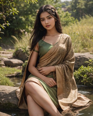 Generate hyper realistic image of young girl from the northeastern region of South Asia. She has a serene and gentle expression, with long, dark, flowing hair adorned with traditional floral accessories. Her skin is a warm, golden brown tone, and her eyes are large and expressive, reflecting a deep cultural heritage. She is dressed in traditional attire, such as a vibrant sari or a salwar kameez, decorated with intricate patterns and bright colors. The background features lush green landscapes, possibly with hints of traditional northeastern architecture or natural scenery like hills or rivers. The overall mood of the image is one of elegance, grace, and cultural pride., 