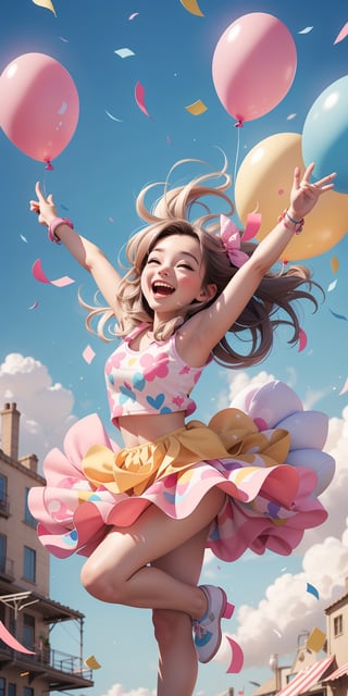 "Generate a heartwarming and cheerful scene of a cute character joyfully dancing to a lively tune. The character is surrounded by a colorful explosion of confetti and a sky filled with floating balloons. Capture the pure joy and exuberance of this moment in a heartwarming and adorable illustration."