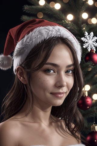 close up portrait, Highly detailed, High resolution scan, Unreal engine, Professional, 64K, UHD, HDR, Ansel Adams snowflake, archangel, Christmas tree, holy light, ,1 girl, Angel of Christmas,Japanese girl,Santa Claus,perfect,young girl,christmas