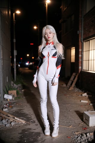(asian girl, 18yo, white hair), 
(white_plugsuit, plugsuit of Rei Ayanami, plugsuit 00), 
(real world location, rubble ruins, street, building, blurry, dimly lit, darkness), 
Full body shot:1.2, 
highres 32k wallpaper, ultra highres, masterpiece, ultra realistic, The atmosphere is captured in high grain, reminiscent of ISO 800 film with wide angle, photorealistic, REALISM