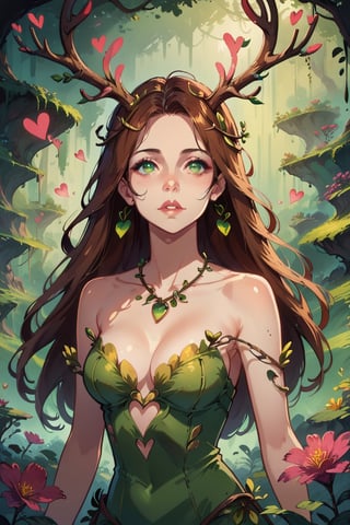 score_9, score_8_up, score_7_up, 1 girl, long hair, brown hair, tilted angle, hearts, female focus, antlers, dryad, nature,  concept art, green eyes   , expressiveH 