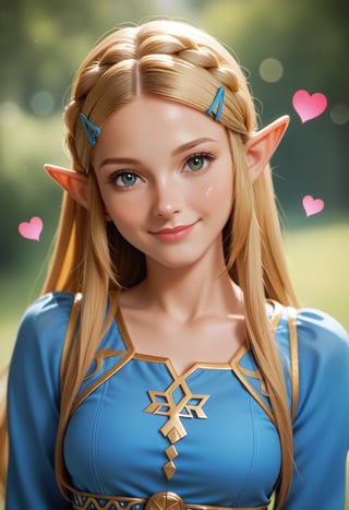 (score_9, score_8_up, score_8), medium breasts, (ultra realistic,32k, masterpiece:1.2), (high detailed skin:1.1), (high quality:1.1), curvy, cute, eyelashes, princess Zelda, solo, green eyes, long hair, crown braid, hairclip, pointy ears, blue shirt with long sleeves, head tilt, hearts, blush, lips, shiny clothes, upper body, looking at viewer, bokeh, luminescent background, smiling face.