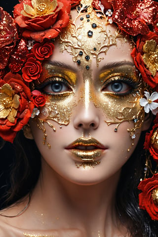 (Close-up shot of an amazingly beautiful woman, gold and black, bright red covering her eyes, flowers made of icing melting over her eyes, amazing fantasy style), Detailed Textures, high quality, high resolution, high Accuracy, realism, color correction, Proper lighting settings, harmonious composition, Behance works,glitter
