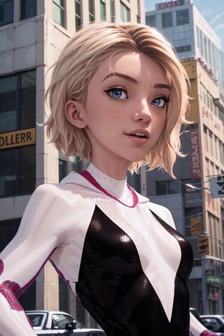 3dmm style, 1girl, (tiny breasts: 1.3), masterpiece, best quality, highest quality, photorealistic, cowboy shot, perfect anatomy, perfect face, perfect eyes, 

undercut, blonde, multicolored hair,gwen,spidergwen, smile, volts through the air, web swing