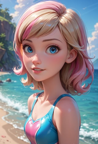 score_9, score_8_up, score_7_up, score_6_up, best quality, masterpiece, high quality BREAK disney pixar style, gwenpool, blonde hair, pink hair, multicolored hair, blue eyes, marvel, 1girl, solo, stubborn, looking at viewer, cowboy shot, summer, day, outdoors