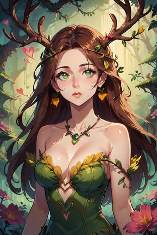 score_9, score_8_up, score_7_up, 1 girl, long hair, brown hair, tilted angle, hearts, female focus, antlers, dryad, nature,  concept art, green eyes   , expressiveH 