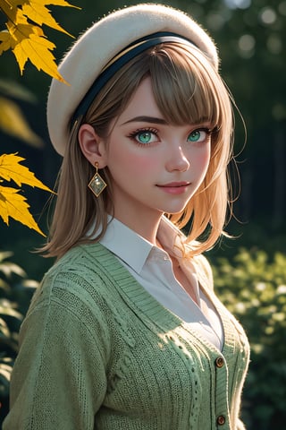 masterpiece, high quality, realistic aesthetic photo ,(HDR:1.2), pore and detailed, intricate detailed, graceful and beautiful textures, RAW photo, 16K, detailed fair dry skin texture, natural lighting warm tone, high contrast, focus on girl, in the maple-garden, front from above, bust-up shot, 
russian-1girl, (shy-smile:1.2), (blush:1.1), (bad mood), beautiful light-green eyes, medium breasts, juicy lips, eye_shadow, light-blond medium hair, (raised bangs), earing, glare at camera,                                     white collared shirt, dark-green knit cardigan, white decorated- fur-beret,                         　　　　　　　　　　　　　　　　　　　　　　　　　　　　　　　　　                           
high detailed, ultra detailed, (Subsurface scattering:0.8),
high resolution, world-class official images, impressive visual, perfect composition,midjourney
