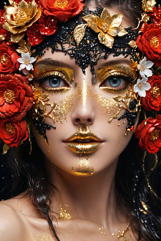 (Close-up shot of an amazingly beautiful woman, gold and black, bright red covering her eyes, flowers made of icing melting over her eyes, amazing fantasy style), Detailed Textures, high quality, high resolution, high Accuracy, realism, color correction, Proper lighting settings, harmonious composition, Behance works,glitter