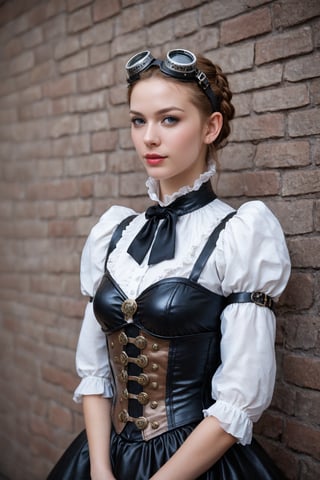 score_9, score_8_up, score_7_up, A photorealistic portrait of a stunning young woman, around 20 years old, dressed in a meticulously crafted steampunk outfit. Her attire blends Victorian elegance with functional, mechanical elements. Worn leather straps secure brass gears and cogs to her corset, while goggles with scratched lenses rest upon her forehead. A glimpse of intricate clockwork mechanisms can be seen beneath her layered skirts. Her expression is one of quiet confidence and curiosity, her eyes sparkling with intelligence. The background is a dimly lit alleyway in a bustling steampunk city, with weathered brick walls, steam pipes hissing softly, and a flickering gas lamp casting long shadows. The composition adheres to the golden ratio, creating a visually pleasing and harmonious image