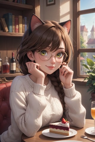 score_9,score_8_up,score_7_up,,1girl,,yulya,brown hair,yellow eyes,hair between eyes,cat pupils,animal ears,cat ears,tail,cat tail,cat girl,long hair,braid,side braid,single braid,bow,
1girl,glasses,solo,phone,long_hair,food,plate,cellphone,brown_hair,book,smartphone,cup,table,indoors,sunlight,long_sleeves,lips,sweater,sitting,bangs,holding,plant,drinking_glass,cake_slice,drinking_straw,window,day,white_sweater,head_rest,glass,bookshelf,green_eyes,parted_lips,blurry,drink,holding_phone,sleeves_past_wrists,looking_at_viewer,upper_body,smile, disney pixar style