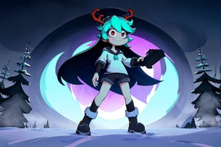 best quality, 1girl, long cyan hair, white antlers, red eyes, smile, closed mouth, sweater, cyan clothing, gray shorts, black boots, standing, forest, snow, winter, dark night, dark sky, looking_at_viewer, full_body, (cinematic lighting), SpoopyStories,(front view:1.5),(establishing shot:1.5)