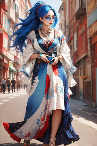 "Imagine a striking sketch of a woman with long hair styled in shades of blue, red, and white. Her vibrant blue hair flows elegantly, interspersed with bold streaks of red and white that cascade down her shoulders. She wears stylish glasses that frame her face, accentuating her intelligent and composed expression. The colors of her hair symbolize a blend of creativity, strength, and individuality, echoing her confident demeanor. Capture the harmonious balance between her distinctive hairstyle and the sophisticated allure of her eyewear, portraying a modern and empowered woman embracing her unique style."