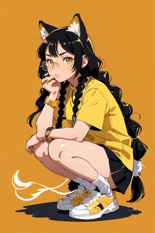 Masterpiece,best quality, ultra detail,jewelry, yellow background, ring, braid, shoes, 1girl, squatting, shirt, solo, wristwatch, watch, furry, tail, sneakers, long hair, simple background, sunglasses, twin braids, animal ears, socks, necklace, full body, short sleeves, yellow-framed eyewear, fingernails, red shirt, whiskers, glasses, white footwear, pants, earrings, piercing, furry female, bracelet, looking at viewer, shadow