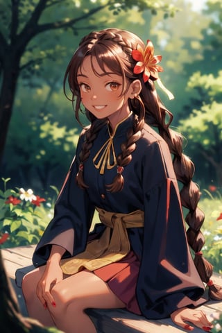 Masterpiece, best quality,ultra detailed, 1girl, sitting, solo, smile, jewelry, looking at viewer, red nails, long hair, earrings, hair ornament, brown hair, teeth, tree, skirt, long sleeves, flower, blurry background, dress, shiny, braid, ribbon,More Exposure,drk skin,dark_skin_female