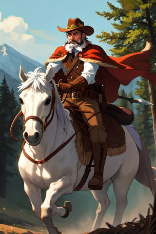 Extreme detailed, (masterful), hat, riding, saddle, horse, reins, facial hair, beard, 1boy, weapon, male focus, dinosaur, horseback riding, animal, gloves, mustache, holding, boots, holding weapon, oversized animal, pants, outdoors, cape, knife, cowboy hat, realistic, belt, brown footwear, sword, long sleeves, solo, brown gloves