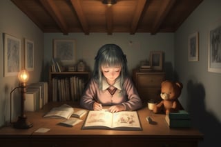 A heartwarming and nostalgic illustration of an anime girl studying in a cozy attic room, a vintage lamp casting a warm glow, old family photos pinned to the walls, a worn-out teddy bear as her study companion, outside, gentle snowflakes gently falling, creating a sense of comfort and tranquility, Illustration, pastel drawing on canvas, --ar 16:9 --v 5