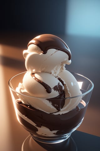 centered, a chocolate ice cream in a bowl made out of glass, simple background, | depth of field, bokeh, | smooth detailed shadows, hyperealistic shadows, (saturated colors:1.2) | (game cg, unreal engine, pixar style), (3d model), 