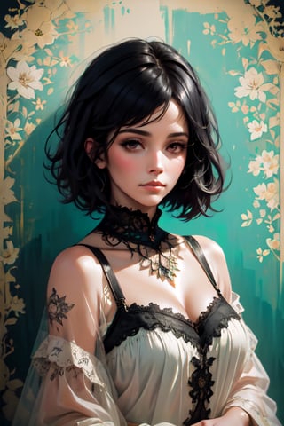 a woman, short black hair, shabby chic wallpaper, vintage paper, faded ink splash, flower drawing, whimsical, sharp focus, contour, intricately detailed, unreal engine, fantastical, complementary colors, oil painting, heavy strokes, paint dripping, dreamy, highly realistic, fantasy concept art, 16k resolution, HW*