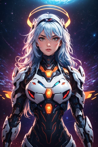 (full shot:1.5),(masterpiece:1.2), best quality,fantasy,Ultra-detailed,very detailed illustrations,extremely detailed,intricate details,highres,super complex details,extremely detailed 8k cg wallpaper,cowboy shot, caustics,reflection,ray tracing,demontheme,nebula,dark aura,cyber effect, (1girl:1.4),solo,alone,mecha musume,mechanical parts, robot joints,single mechanical arm, headgear, mechanical halo,star halo,intricate mechanical bodysuit, mecha corset, full armor, very long hair,white hair, hair between eyes, multicolored hair, colored inner hair, red eyes,glowing eye,eye trail, random expressions,random action, ancient japanese architecture,pond, starry sky,skyline, ,(HDR:1.4) ,CyberMechaGirl,More Detail