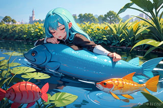 (Cinematic lighting:1.2) ,(super detailed), (beautiful background, detailed background),One girl, lying on the water, eyes closed, relaxed, fish around, weeds