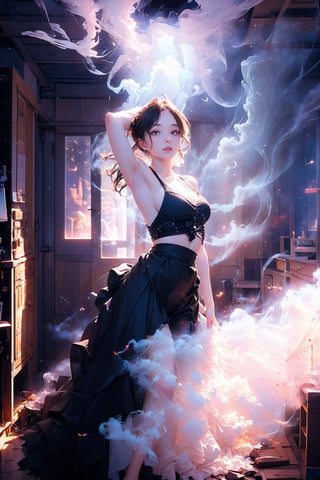 (super detailed), (beautiful background, detailed background),The image features a woman standing in the woods, wearing a black top and holding a large amount of blue smoke. She appears to be dancing or posing with the smoke, creating an artistic and captivating effect. The smoke is billowing out of a large circle, which adds to the visual impact of the scene. The woman's outfit and the smoke create a unique and intriguing atmosphere, drawing the viewer's attention to her presence in the woods.,  light, (((front light,front lighting ))),perfect light,dream like
