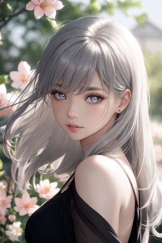 (masterpiece, high resolution, realistic portrait:1.3), an anime woman with an ethereal presence, portraying a serene sisterly figure, (long silver-white hair:1.2), cascading down her back, (light pink lips:1.1), gentle and calm, bangs elegantly framing her face, (gray pupils:1.4), radiating a sense of wisdom, standing in a cold wind, (realistic portrayal:1.1), delicate petals dancing in the air, (flower background:1.2), adding a touch of beauty and fragility, (calm and rational expression:1.1), portraying her composed nature, (delicate and serene face:1.2), capturing her tranquility, mid-shot focusing on her delicate features, (subtle wind-blown strands of hair:1.1), (background music:1.2), evoking a sense of calmness and introspection..Spotlights, Volumetric lighting, soft lighting,hard lighting ,front lighting sun 