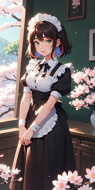 1girl, brown hair, multicolored hair, green eyes, maid, maid headdress, maid apron, cherry blossoms, sunbeam, wallpaper,