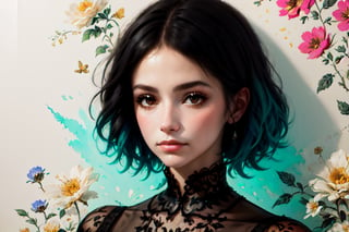 a woman, short black hair, shabby chic wallpaper, vintage paper, faded ink splash, flower drawing, whimsical, sharp focus, contour, intricately detailed, unreal engine, fantastical, complementary colors, oil painting, heavy strokes, paint dripping, dreamy, highly realistic, fantasy concept art, 16k resolution, HW*