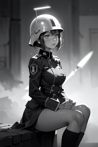 (super detailed), (beautiful background, detailed background),1girl, breasts, monochrome, greyscale, soldier, uniform, helmet, military, female focus, military uniform, sitting, war,manly,holding , light 