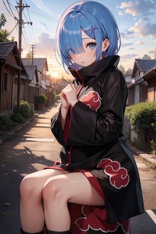 anime, hdr, soft light, ((best quality)), ((masterpiece)), (detailed),  rem_\(re_zero\), hair over one eye, x hair ornament, (akatsuki outfit:1.1), looking at viewer, upper body, village, sunset, nature, ,akatsuki outfit