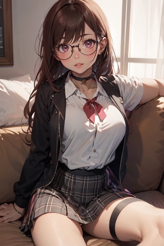 (super detailed), (beautiful background, detailed background),1girl, solo, glasses, skirt, long hair, looking at viewer, plaid skirt, plaid, sitting, parted lips, selfie, choker, lips, pink skirt, breasts, brown hair, thigh strap, couch, reaching towards viewer